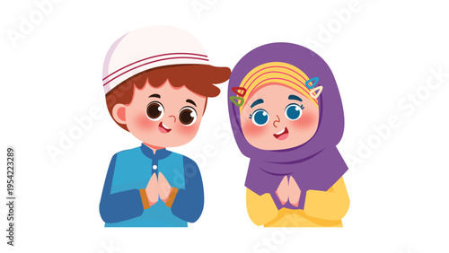 Cute Muslim boy and girl in hijab greeting for Eid al-Fitr