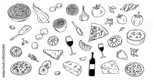 Hand drawn Italian Mediterranean food collection with pizza pasta olives cheese and wine sketch set, mediterranean cuisine, food, restaurant, menu, cooking