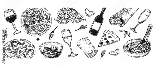 Italian cuisine doodle vector set with hand drawn food illustrations including pasta pizza and wine, italian food, sketch, restaurant, menu, cooking