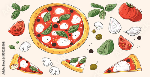 Hand drawn Italian pizza illustration with ingredients set including basil tomato cheese and slices, pizza, italian food, food illustration, restaurant, menu
