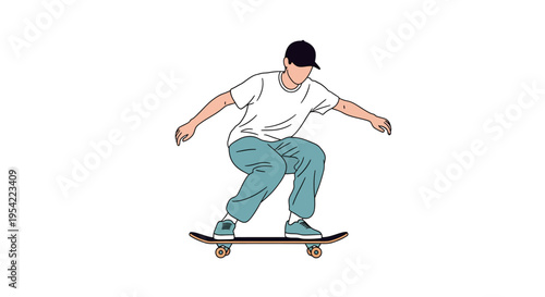 Dynamic flat vector illustration of a young person actively skateboarding, embodying urban sports, freedom, and a youthful energetic street lifestyle