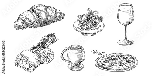 Hand drawn Italian food collection with pizza pasta croissant wine and bakery sketch illustration set, italian cuisine, food, restaurant, menu, cooking