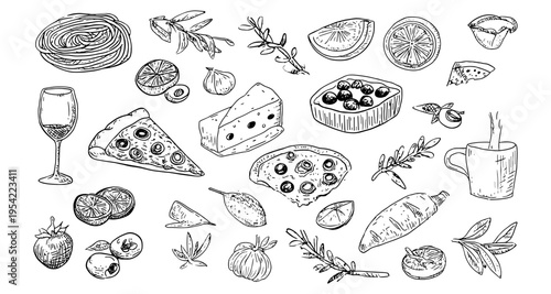 Hand drawn Mediterranean food set with Italian cuisine sketch elements including pizza pasta olives and wine, mediterranean food, italian food, restaurant, menu