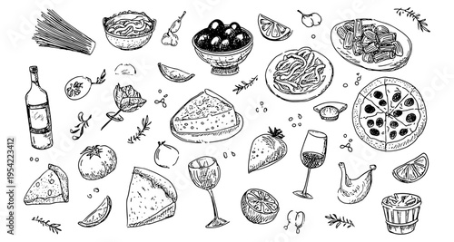 Mediterranean lunch illustration set with hand drawn Italian food sketches pizza pasta olives cheese and wine, mediterranean cuisine, restaurant, menu, cooking