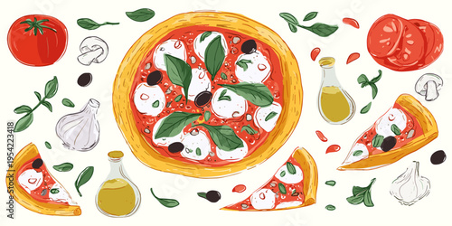Italian pizza vector illustration with hand drawn ingredients basil tomato mozzarella and pizza slices, pizza, italian cuisine, food, restaurant, menu, cooking