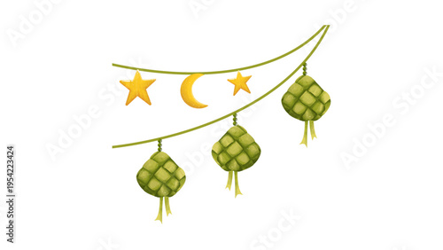 Islamic Celebration Ornament with Hanging Ketupat and Golden Stars
