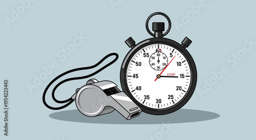 Illustration of a stopwatch and a whistle, symbolizing timekeeping and sports coaching