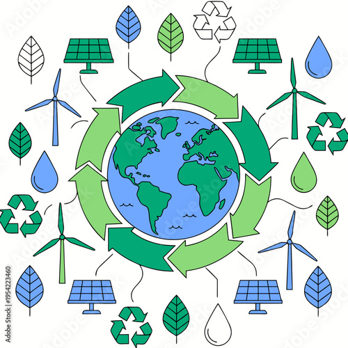 Sustainable earth concept illustration featuring renewable energy icons including solar panels wind turbines recycling symbols and leaves surrounding a central globe graphic