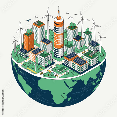 Sustainable eco city concept with wind turbines and solar panels on buildings representing a green urban future on a globe hemisphere illustration in isometric style