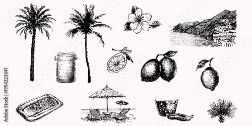 Hand drawn Amalfi coast style vacation illustration set with lemons palm trees beach and Mediterranean elements, italy, amalfi, travel, vacation, mediterranean