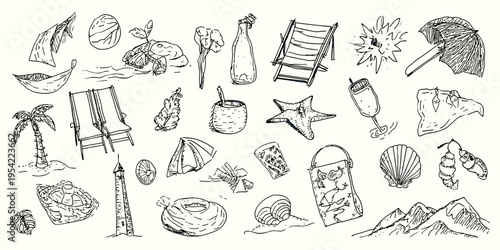 Hand drawn beach vacation illustration set with summer sea elements deck chairs umbrella shells and coastal objects, beach, summer, vacation, ocean, travel