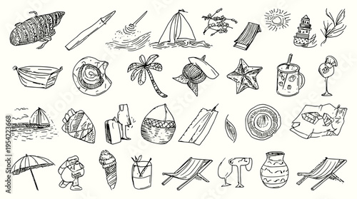 Ink line beach and sea vacation vector collection with hand drawn summer elements deck chairs umbrella shells illustration set, beach, ocean, travel, summer