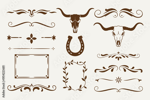 Vintage Western scrollwork vector set featuring ornate dividers, flourishes, longhorn skull, and horseshoe ornaments for rustic design, cowboy themes, rodeo projects, and decorative illustration