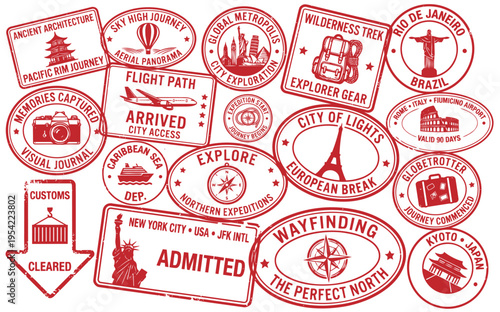 Vintage global travel passport stamp collection with international destinations landmarks airplanes and exploration symbols for tourism, vacation and world travel design