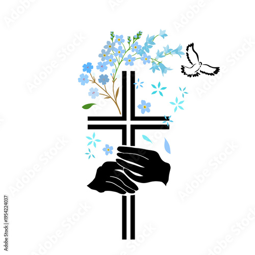 He is risen. Cross with flowers. Happy Easter with a flying dove. Hand drawn. Not AI, vector illustration