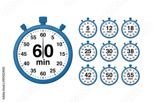 A large blue stopwatch and multiple smaller stopwatches with various time intervals