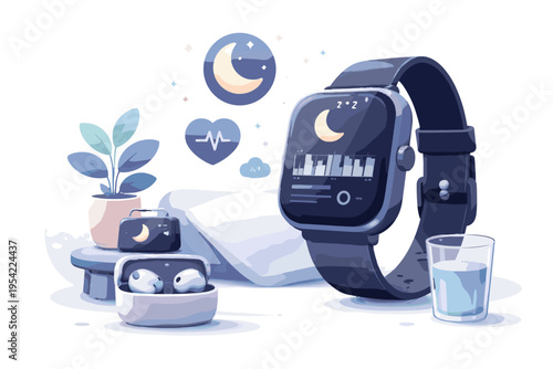 Simple flat design vector wearable kawaii device image generation sleep tracking smart soft shadow
