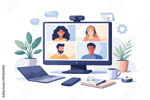 Remote video icon digital cute illustration conference vector generation image team sticker style simple