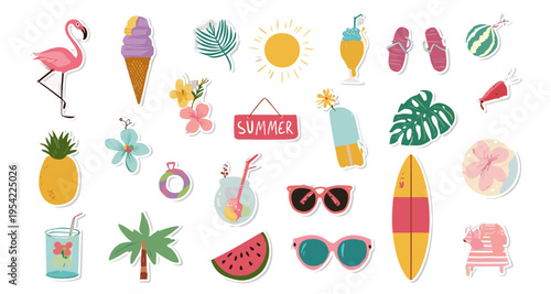 Tropical summer illustration collection with beach stickers ice cream sunglasses watermelon and floral elements for seasonal design