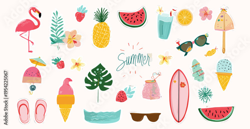 Hand drawn summer sticker pack with vacation icons flamingo cocktail surfboard and tropical flowers for branding and decoration