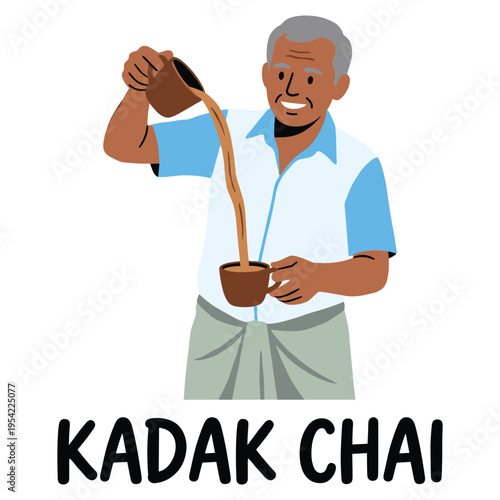 Indian tea master making kadak chai in traditional style illustration
