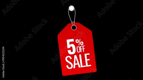Animated red price tag series, 5 % off sale hanging label motion graphic on transparent background.