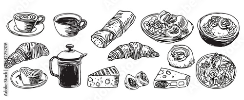 Hand drawn breakfast food and coffee sketch set in black ink style for cafe menu design, croissant bread cheese and french press clipart, bakery doodle, morning brunch illustration