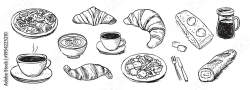 Minimalist black and white breakfast food illustration set for organic cafe packaging and web design, coffee pot bread and pastry sketches, brunch doodle, hand drawn food clipart