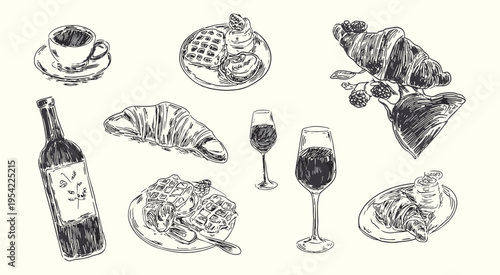 Hand drawn breakfast and wine sketch set with croissants waffles and coffee in vintage ink style for restaurant menu design, brunch illustration, cafe bistro clipart, food line art
