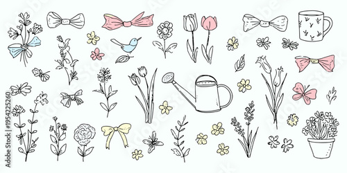 Cute spring garden elements in sketchy ink style featuring tulip bouquets and butterflies for greeting cards, baby shower stationery, hand drawn botanical doodle collection