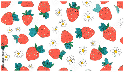 Cute strawberry fruit illustration in doodle style featuring white chamomile flowers for kitchen decor and packaging, sweet berry pattern, whimsical garden design, red and pink fruit