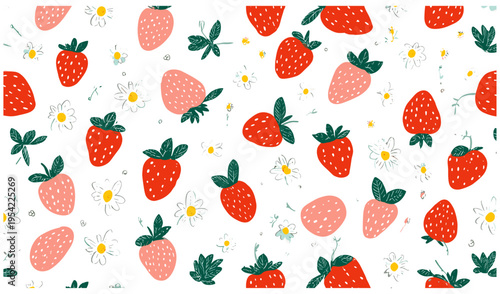 Hand drawn strawberry and daisy seamless pattern with cute red berries and flowers for summer textile design, fruit background, kids apparel print, garden wallpaper, botanical fabric