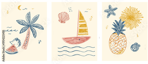Hand drawn summer poster set with palm tree sailboat and pineapple in retro sketch style for nursery wall art, tropical beach vacation illustration, whimsical coastal home decor, kids print