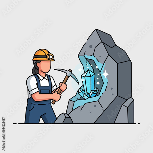 Miner unearthing glowing blue crystals from rock with pickaxe, mining concept