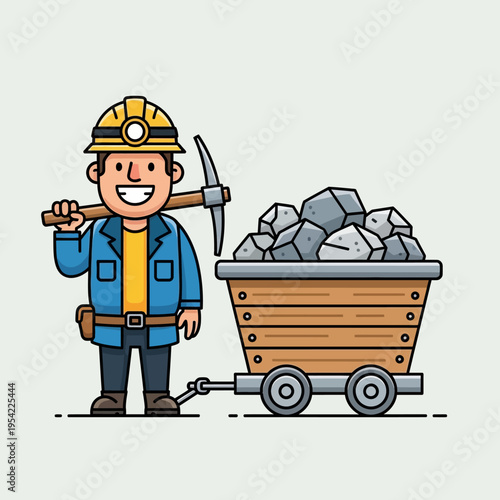 Miner with Pickaxe and Cart Full of Rocks, Cartoon Style