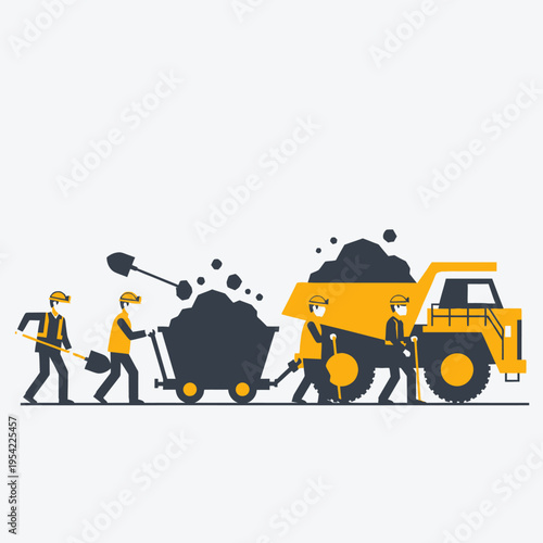 Miners loading coal into a dump truck with shovels and a cart, industrial mining concept