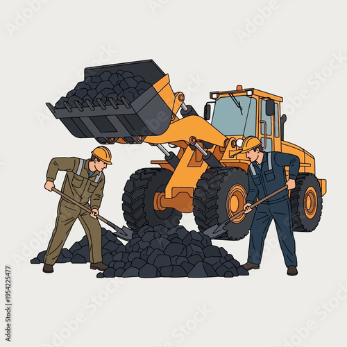 Miners with shovels and loader machine working with coal pile