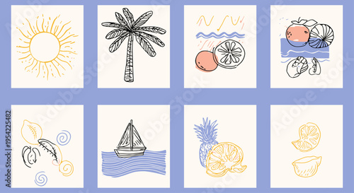 Cute summer doodle posters with pineapple palm and ocean waves for children's room decoration, whimsical beach vacation clipart, retro linocut style graphics, nautical nursery theme