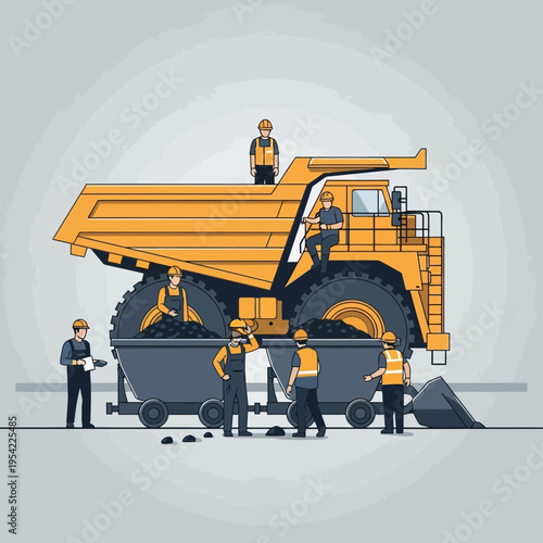 Mining workers loading coal into a giant yellow dump truck at a quarry site
