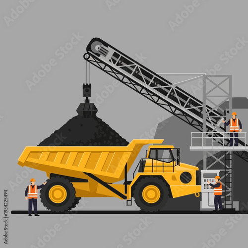 Mining truck loading coal from conveyor belt at open pit mine with workers