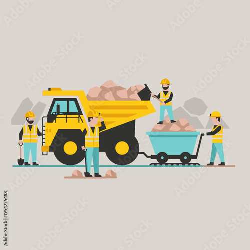Mining workers loading rocks into a dump truck with a cart, construction site