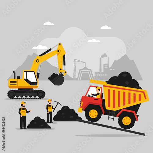 Coal mining operation with excavator, dump truck, and workers