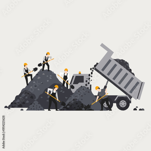 Coal mining workers loading truck with shovels, industrial labor, heavy machinery, mining industry