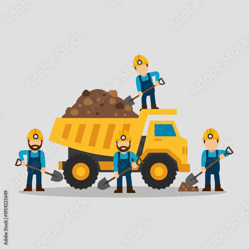 Construction workers loading dirt into a dump truck with shovels