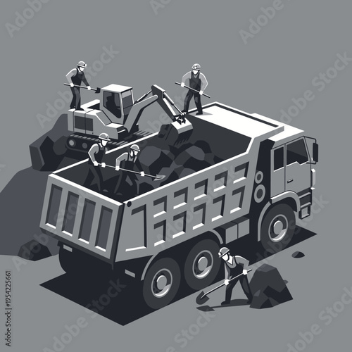 Construction workers loading rocks into a dump truck with an excavator