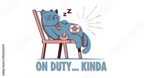 Funny Lifeguard Cat Napping in Beach Chair Summer Illustration