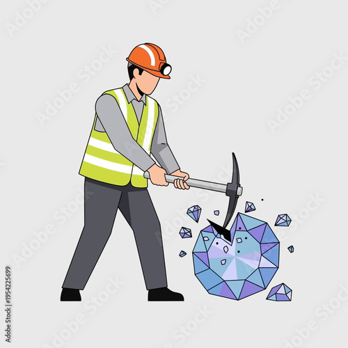 Miner breaking large diamond with pickaxe, mining precious gemstone, hard work concept