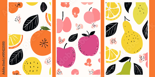 Whimsical tropical fruit and beach pattern featuring watermelons, berries, and citrus for summer stationery, playful coastal wallpaper, hand-drawn holiday graphics