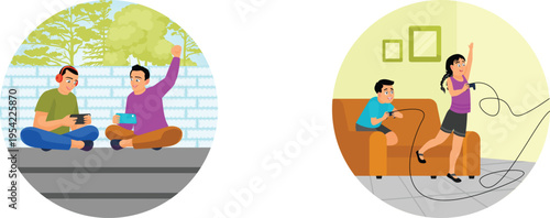 Friends enjoying gaming and virtual celebrations together in different settings