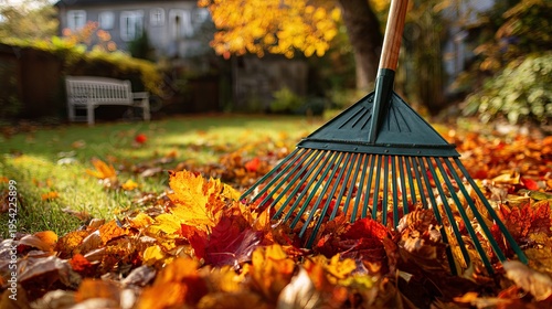A green rake lies in a pile of fallen autumn leaves on a grassy lawn in front of a house.